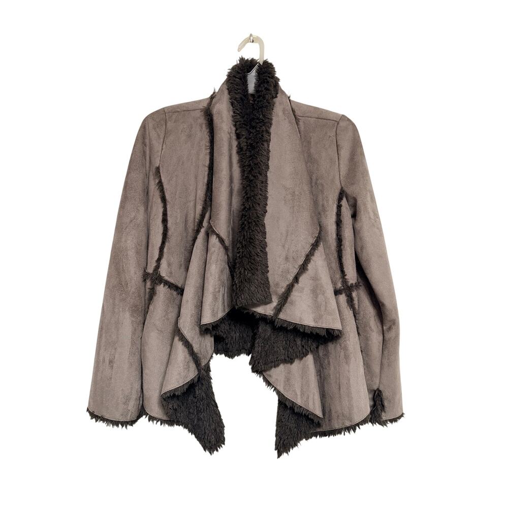 Fever Faux Fur Open Front Jacket L Brown Sherpa Lined Asymmetrical Hem Cozy - Picture 3 of 11